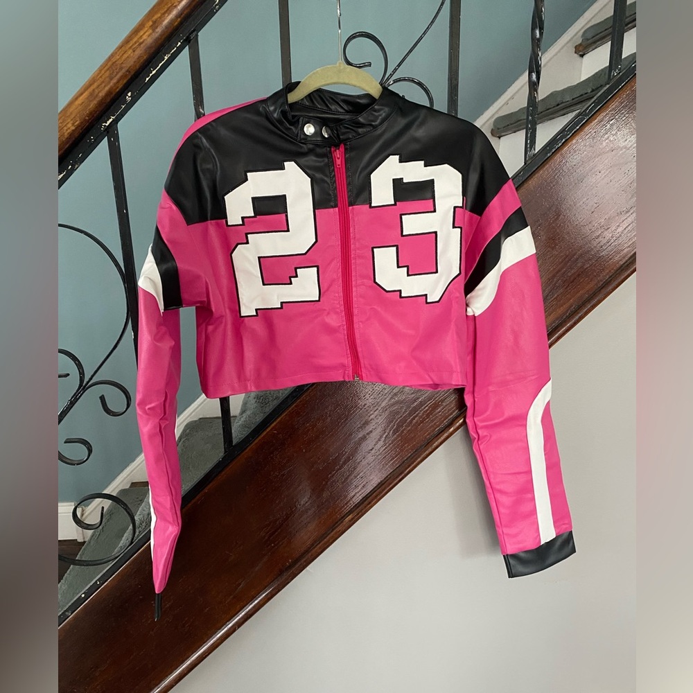 NEW, Women's Pink & Black Cropped Faux Leather Bomber Jacket - Picture 2 of 9